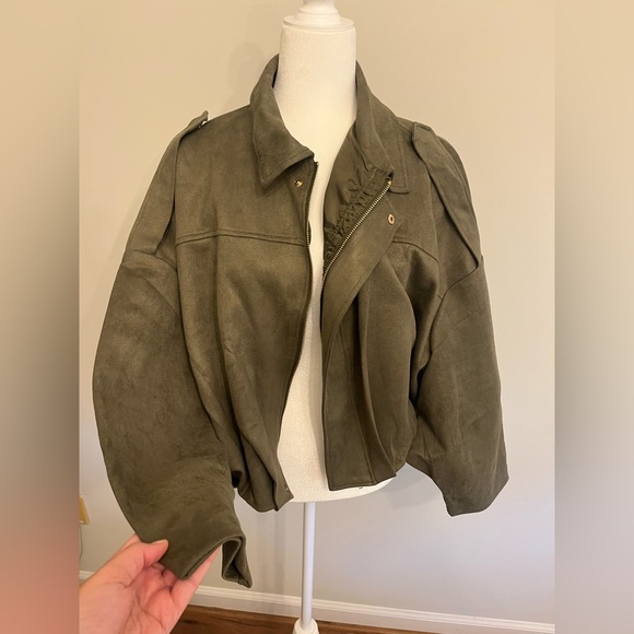 Olive Green Suede-Effect Oversized Moto Jacket - Picture 1 of 7